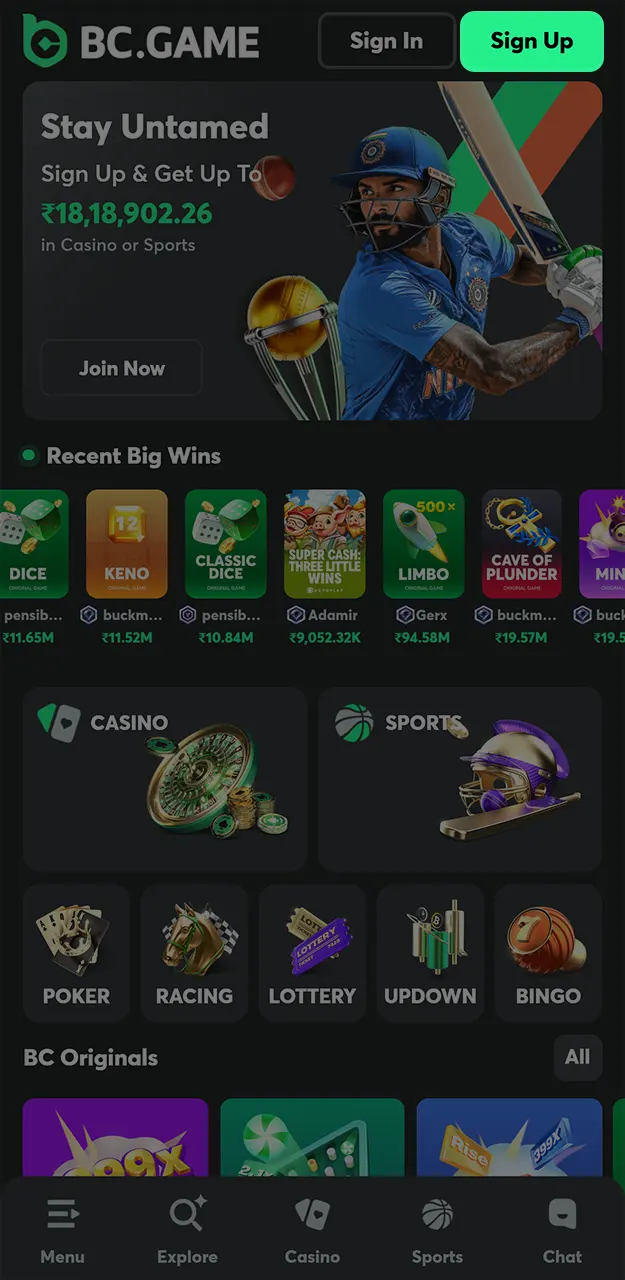 Register with BC Game in a couple of clicks to play casino games.